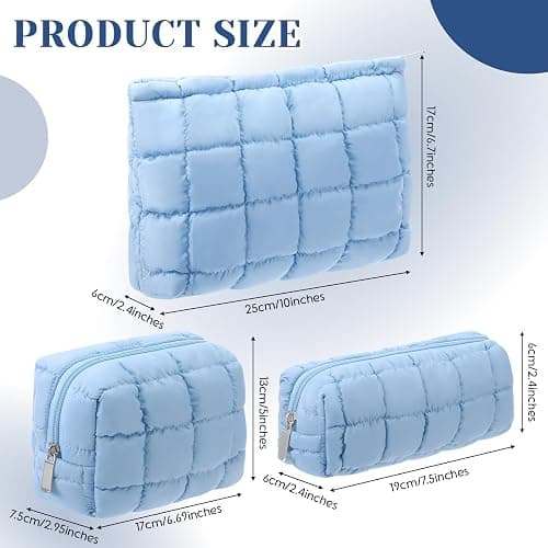 Huhumy 3 Pcs Puffy Makeup Bag for Women, Checkered, Blue, Medium | Quilted Cosmetic Pouch Cute Travel Toiletry Bag Puffer Makeup Organizer Purse Pouch Preppy Pencil Case with Zipper thumbnail 3