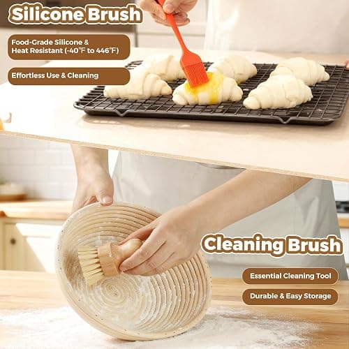 Complete Bread Proofing Basket Kit | All-in-One Set with Banneton(9 in), Sourdough Starter Jar Kit, Bread Lame, Dough Scraper, Whisk, Cutter & Tools thumbnail 7