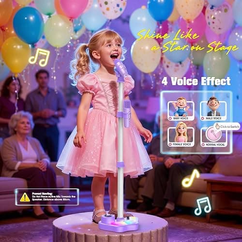 Stand Karaoke Machine for Kids, Singing Toys Gifts for 3 4 5 6 7 8 Year Old Girls Boys, Rechargeable Kid Microphone Bluetooth Speaker with 2 Wireless Mic for Girl Age 4-6 Toddler Birthday Party Toy thumbnail 4