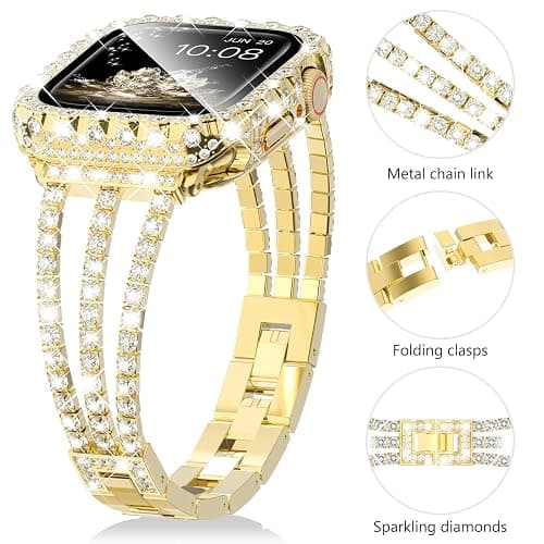 Surace Gold Apple Watch Bands 40mm for Women Series 6 5 4, Bling Diamond Rhinestone Link Bracelet with 2 in 1 Waterproof Bling Case Lace Edge Diamond Protective Bumper Face Cover, Gold thumbnail 4
