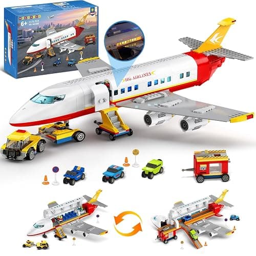 HOGOKIDS 2 Style City Airplane Building Set with LED Light - Large Plane Building Blocks Switch Passenger & Cargo Projectile Toy with 3 Cars, Planes Model Toys Gifts for Adults Boys Girls Age 6-12+ - Image 1