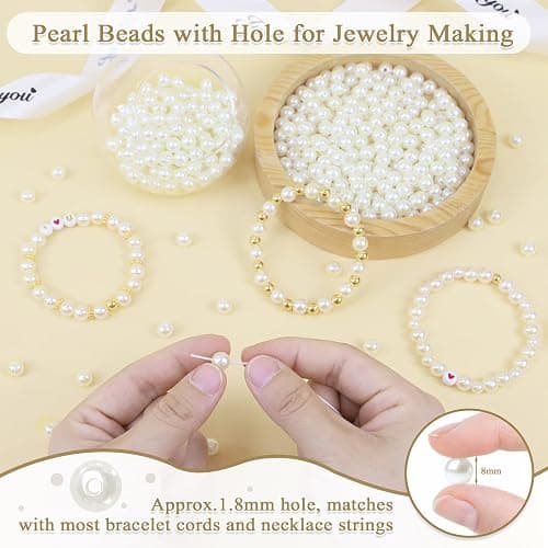 DUQGUHO 8mm White Plastic Round Pearls for Crafting, Jewelry Making, DIY Holes Bulk Beads 500PCS Fake Pearls for Bracelets, Anklets, Earrings, Decorations thumbnail 5