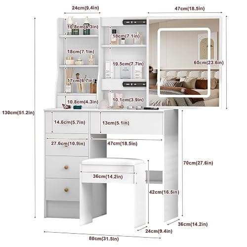 Umeiga Vanity Desk with Sliding Mirror and LED Lights, Small Makeup Vanity Table Set with Chair and Drawers, White Vanity with Lighted Mirror for Bedroom, Dressing Table for Teen Girls and Women thumbnail 2