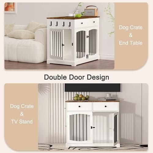 BREEZEHEAT 40 inch Dog Crate Furniture-Farmhouse Dog Kennel with Drawers-End Table Wooden Pet Crate, Double Door Design, Decorative Dog House Indoor for Small Medium Large Dog, White thumbnail 3