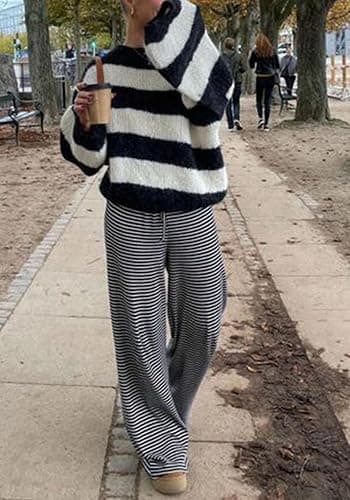 Pnahip Women's Comfy Pajama Loose Casual Drawstring Lounge Pants - Striped Print Stretch Wide Leg thumbnail 2