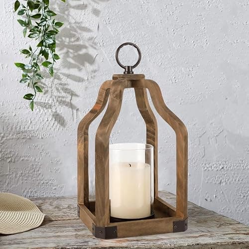 Rustic Wood Lantern Candle Holder for Farmhouse Decor - Indoor and Outdoor Table Centerpiece with Glass Hurricane, 13" High thumbnail 2