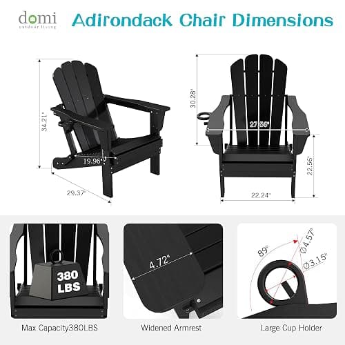 Domi Folding Adirondack Chair Set of 2, HDPE All-Weather Adirondack Chairs with Cup Holder, Outdoor Plastic Fire Pit Chairs Wood Texture for Poolside, Patio, Backyard, Deck (Black) thumbnail 3