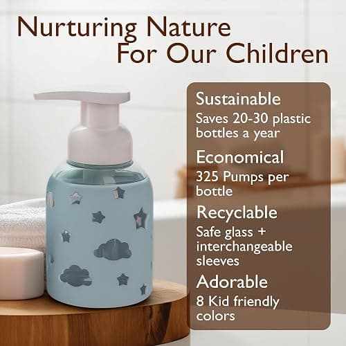 SoCal Suds & Company Foaming Hand Soap Dispenser Glass, Light Blue, 8oz | Liquid Soap Pump w/ Heart Silicone Sleeve, Refillable Bottle for Kids, Baby Wash & Shampoo, Ideal for Bathroom & Kitchen Use thumbnail 5