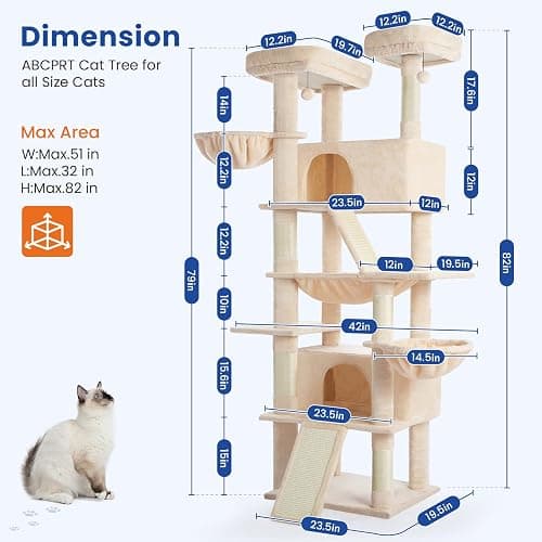 ABCPET Cat Tree 82 in Multi-Level Cat Tower for Indoor Cats, Heavy Duty Large Cat Tree with Sisal Scratching Posts, Hammock, 2 Perches, 2 Condos, 2 Hanging Baskets, Beige thumbnail 9