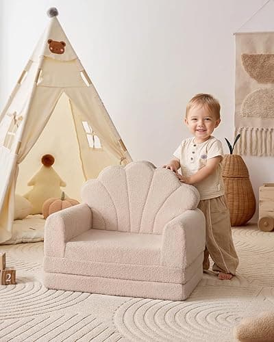 Blissful Diary Kids Couch, 2-in-1 Soft Toddler Couch Fold Out, Toddler Chair Comfy, Convertible Sofa to Lounger, Kids Furniture for Playroom, Gift for Birthday, Children's Day, Beige Shell thumbnail 3