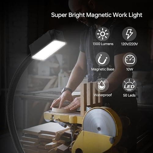 Magnetic Work Light, 1300 Lumens Led Machine Light with Strong Magnetic Base, Flexible Gooseneck Magnetic Lamp for Lathe and Drill Press, 10W 120V thumbnail 2