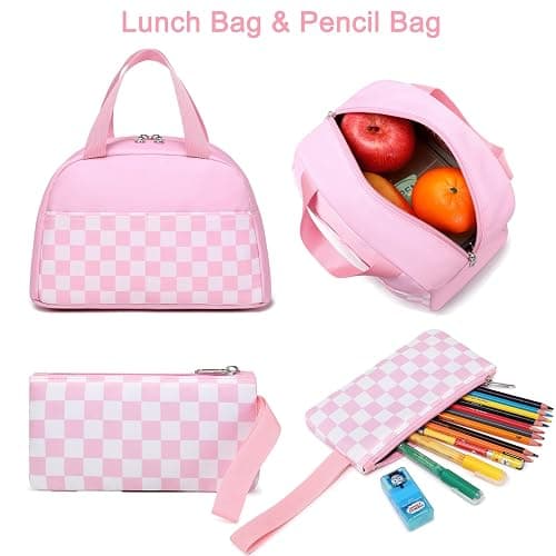 Sugaroom Pink Checkered Backpack with lunch box for Girls with Lunch Box Lightweight School Backpack Kids Bookbags Preschool Primary Elementary Students School Bags Set (Checkered Pink) thumbnail 8