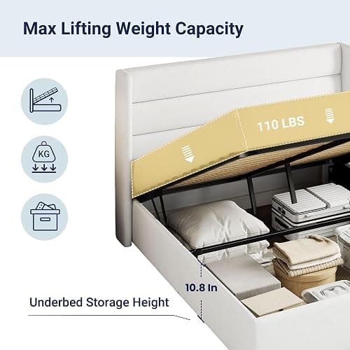 Allewie Queen Size Velvet Lift Up Storage Bed, Modern Wingback Headboard, Hydraulic Support, No Box Spring Needed, White thumbnail 8