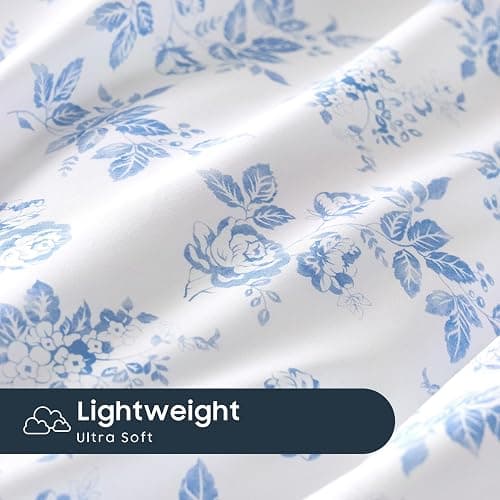 Wake In Cloud - Shabby Chic Bed Sheets, 4-Piece Sheet Set, Floral Botanical Coquette Cottagecore Vintage Flower, Soft Microfiber Deep Pocket Bedding, Light Blue, Queen Size thumbnail 7