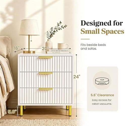 RIHHA White and Gold Nightstands Set of 2, 24" Tall Fluted Bedside Tables with 3 Drawers and Gold Handles, Ribbed Side Table Pair thumbnail 2