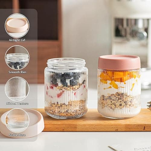 INSETLAN 16oz Glass Overnight Oats Containers with Lids, 6-Pack Mason Jars | Ribbed Glass Mason Jars for Meal Prep, Food Storage Containers for Chia Pudding, Yogurt, Snacks, Fruit & Vegetables, Milk thumbnail 8
