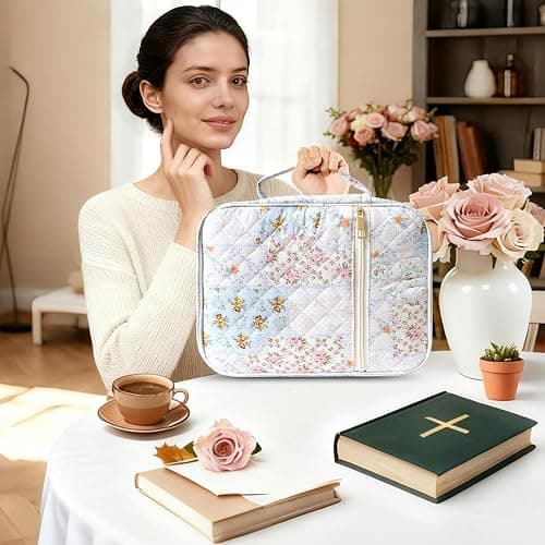 CasaRovela Bible Cover for Women, Large Quilted Case with Handle, Durable Bag and Carrying Case for Girls, Study Supplies Accessories, Christian Gift for Women (Spliced Flower, Spliced Flower) thumbnail 2