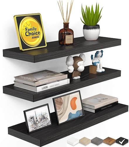 BAYKA Floating Shelves for Wall, Wall Mounted Rustic Wood Shelves for Bathroom, Bedroom, Living Room, Kitchen, Hanging Shelf for Books/Storage/Room Decor with 22lbs Capacity (Black, Set of 3, 15.7in) - Image 1