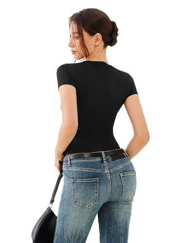REORIA Women's Short Sleeve Round Neck Body Suits Fashion T-shirt Tops Bodysuits for women thumbnail 4