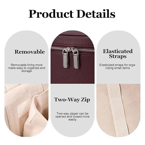 idoltimes Cosmetic Case, Leather Makeup Bag, Portable Handheld Makeup Case, Detachable Compartments, burgundy thumbnail 5
