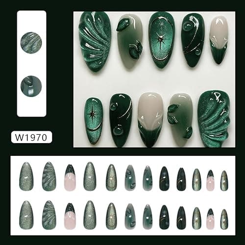 24Pcs Green Press on Nails Medium Almond Fake Nails with 3D Green Ripple Design Handmade Press on French Nails Tips Leaves Pattern Full Cover Glossy Y2k Reusable DIY Nails for Women Nail thumbnail 2