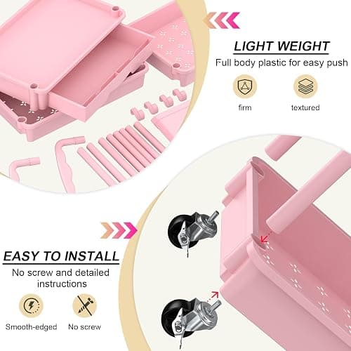 Goovilla 3 Tier Rolling Utility Cart Organizer with Removable Drawer, Stable and Sturdy Pink Rolling Storage Carts with 2 Lockable Wheels for Bathroom, Kitchen, Snack, Craft, Makeup, Baby Essentials thumbnail 4