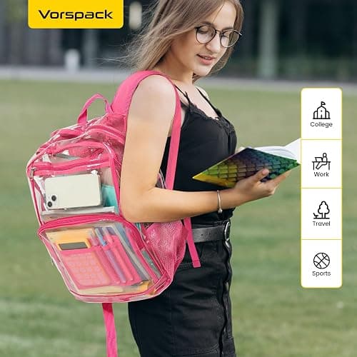 Vorspack Clear Backpack Heavy Duty - Large Transparent Bookbag for Adults, See Through Backpack for College, Work, Travel - Pink thumbnail 7