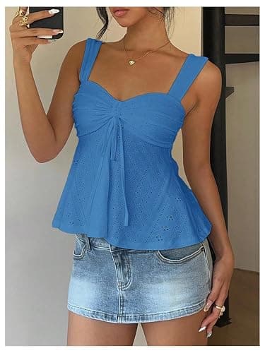 Milumia Women's Eyelet Tie Front Ruched Tank Tops Y2k Drawstring Sexy Going Out Top thumbnail 4