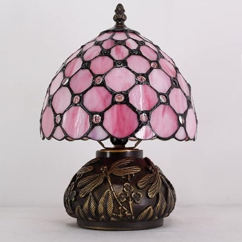 WERFACTORY Small Tiffany Lamp Desk Pink Stained Glass Pearl Bead Mushroom Table Lamp Bronze Mini Accent Lamp W8H11 Inch S005P Series thumbnail 7