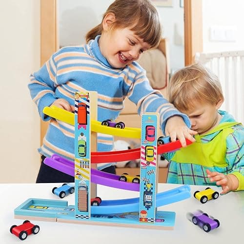 Montessori Toys for Toddlers, Children Race Track Toy with 4 Cars and 1 Wooden Parking Lot, Stable Base, Car Ramp Toy for 1 2 3 Year Old Boy Girl Gifts thumbnail 7