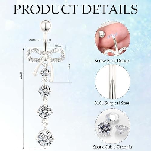 DAILI Gold Belly Button Ring,14G Surgical Stainless Steel Non Tarnish Belly Rings,Hypoallergenic Lightweight Pink Cute CZ Heart Bow Dangle Navel Piercing jewelry for Women thumbnail 2