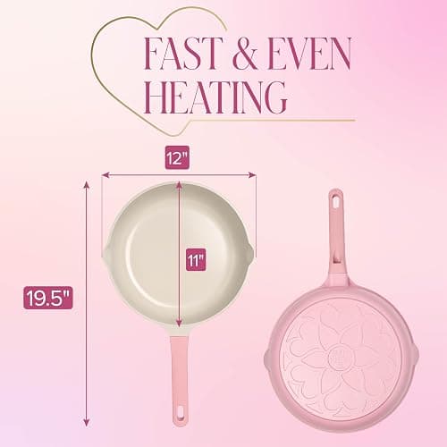 Paris Hilton Ceramic Cast Aluminum Nonstick Fry Pan, Fast & Even Heating with Easy Pour Spouts & Comfort-Grip Handle, 11-Inch, Pink thumbnail 5