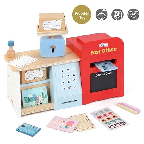 SOKA Wooden Post Office Play Set with Stamps and Mail Creative Pretend Play Toy Role Playset Educational Montessori Developmental Game For Kids Children Boys Girls 3 year old + thumbnail 5