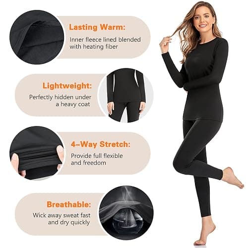 SIMIYA Thermal Underwear Set for Women Long Johns with Fleece Lined Long Sleeves Base Layer Set Top Bottom - Large - Black thumbnail 3