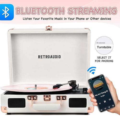 Vinyl Record Player with Built-in Speakers 3-Speed Vintage Record Player Bluetooth Portable Suitcase Turntable Belt-Driven LP Player Support RCA Output and Headphone Output (White Rose Gold) thumbnail 2