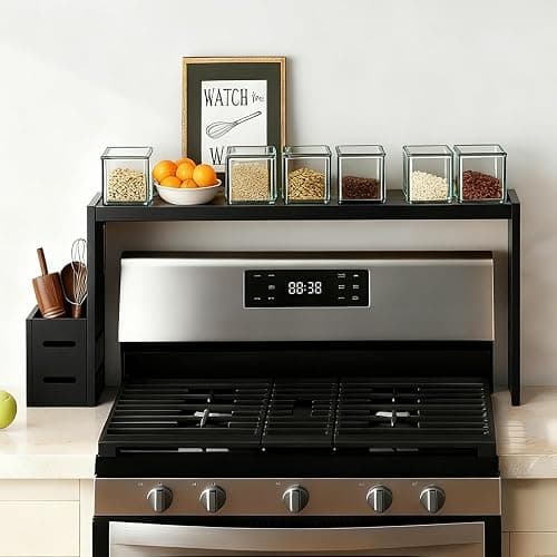 BESLCEID 31-inch bamboo stove rack for above the hob, kitchen bamboo spice rack, supports up to 50 pounds. Bamboo stove rack for storing spices and kitchen utensils. (Black) - Image 1