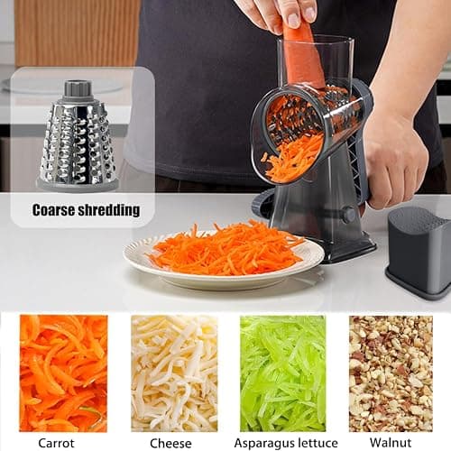 Rotary Cheese Grater Shredder with Handle Handheld Round Mandoline Vegetable Slicer Carrot Shredder Nut Grinder with 3 Replaceable Stainless Steel Drum Blades and Upgrade Strong Suction, Dark Grey thumbnail 2