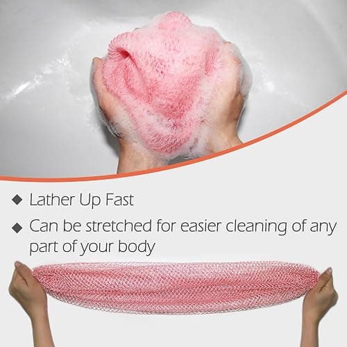 NEBOCA African Net Sponge Authentic African Exfoliating Net Sponge with Knots Real Sapo Sponge with Handles Afro Scrub Net Bath Cloth for Shower (Pink) thumbnail 3