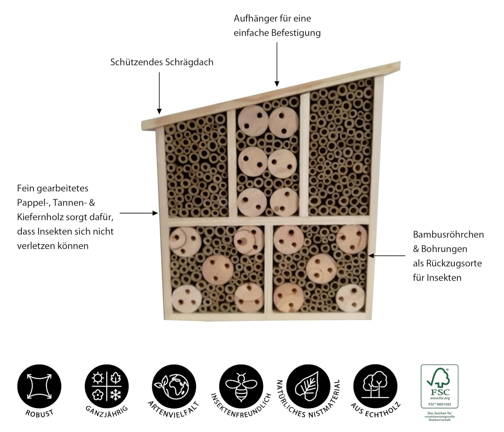 Dehner Natura Osmia Insect Hotel Approx. 32 x 9 x 30 cm, Pine, Pine Wood/Bamboo/Plywood, Natural thumbnail 2