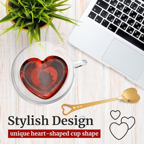 Heart Shaped Cup - Double Walled Insulated Glass Coffee Mug or Tea Cup - Double Wall Glass 10oz (300ml) - Clear - Unique & Insulated with Handle - With Teaspoon thumbnail 4