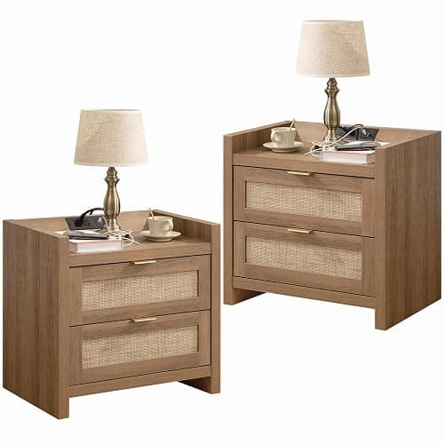 SICOTAS Night Stand Set of 2 - Rattan Nightstands with Type-C Charging Station, 2 Rattan Drawers - Boho Bed Side Tables End Table for Small Space - Natural Oak - Image 1