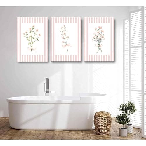 Trendy Pink Floral Wall Art Set of 3, Preppy Canvas Prints with Bow and Stripe Border Cute Aesthetic Botanical Wall Decor Artwork for Bedroom Bathroom Home Decor Girl Dorm Room,12x16 in Framed thumbnail 6