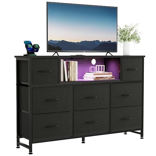 DUMOS TV Stand Dresser with 8 Fabric Drawers and Open Shelves, LED Entertainment Center with Charging Station, Wood Top Media Console for 45-55 inch TV Stand, Bedroom, Black - Image 1
