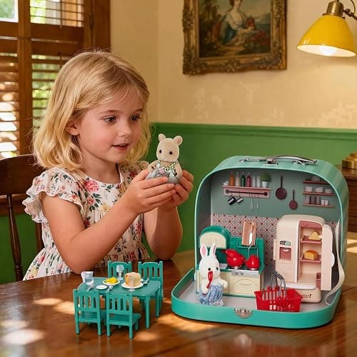 Dollhouse Kitchen Furniture Suitcase Set for Kids, 2 Flexible Dolls/Dining Tble/Kitchenware/Tableware/Refrigerator/Bread, Pretend Play Dollhouse Accessories Christmas Birthday Gift for Girls Ages 3+ thumbnail 7