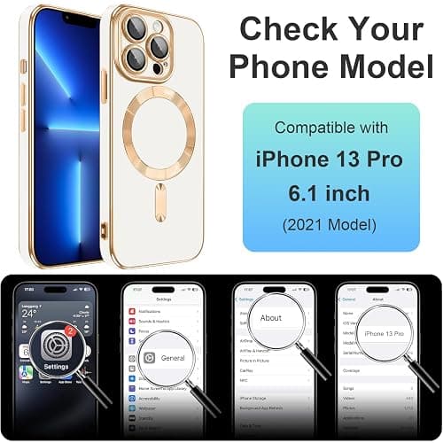 Dinick Magnetic for iPhone 13 Pro Case with Camera Len Protector, White | Compatible with MagSafe, Soft TPU Bumper, Anti-Scratch Protection, Slim Glitter Plated Gold Cover thumbnail 7