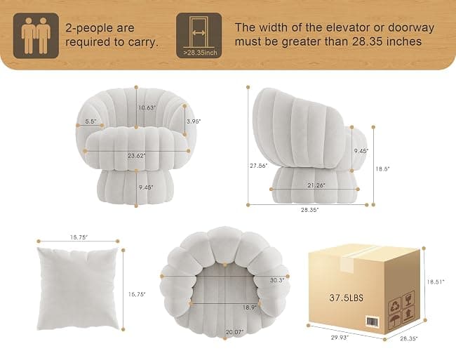 Mistpople Mid Century Modern 360 Degree Barrel Swivel Accent Sofa Chair,Fluffy Velvet Fabric Lounge Wide Upholstered Pumpkin Reading Chair, Round Cloud Armchair for Living Room,Bedroom,Vanity(Beige) thumbnail 2