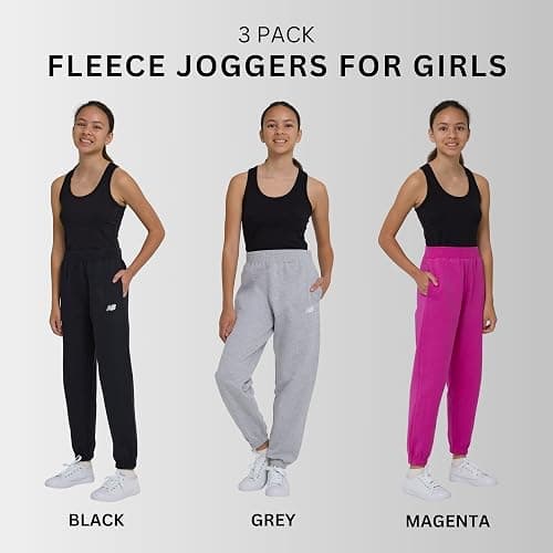 New Balance Girls Active Fleece Jogger 3 Pack – Soft Cotton Blend Fleece Athletic Performance Casual Sweatpants (4-16) thumbnail 2