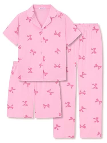 Topgal Girls 3-Piece Graphic Pajamas, Modal Button Up Lapel PJs, Sizes 6-18 | Short Sleeve Top, Matching Shorts And Pants, Elastic Waist Bottoms, Cute Prints, Jammies, Sleepover Wear, Little & Big Girls - Image 1