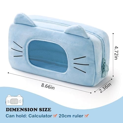 EASTHILL Cute Cat Plush Pencil Case with Clear Display Window, Large Capacity Kawaii Pencil Pouch for Girls Teens, Aesthetic Soft Fluffy Cat Ear Stationery Bag for School Office Travel-Blue thumbnail 2