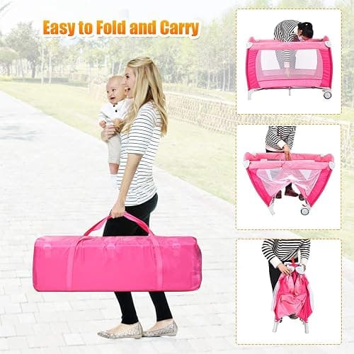 Costzon 4 in 1 Pink Pack and Play with Bassinet, Portable Baby Playard with Adjustable Canopy, Side Zipper Entrance, Music Box, Wheels/Brake, Foldable Infant Pink Bassinet for Baby Girl Toddlers thumbnail 5
